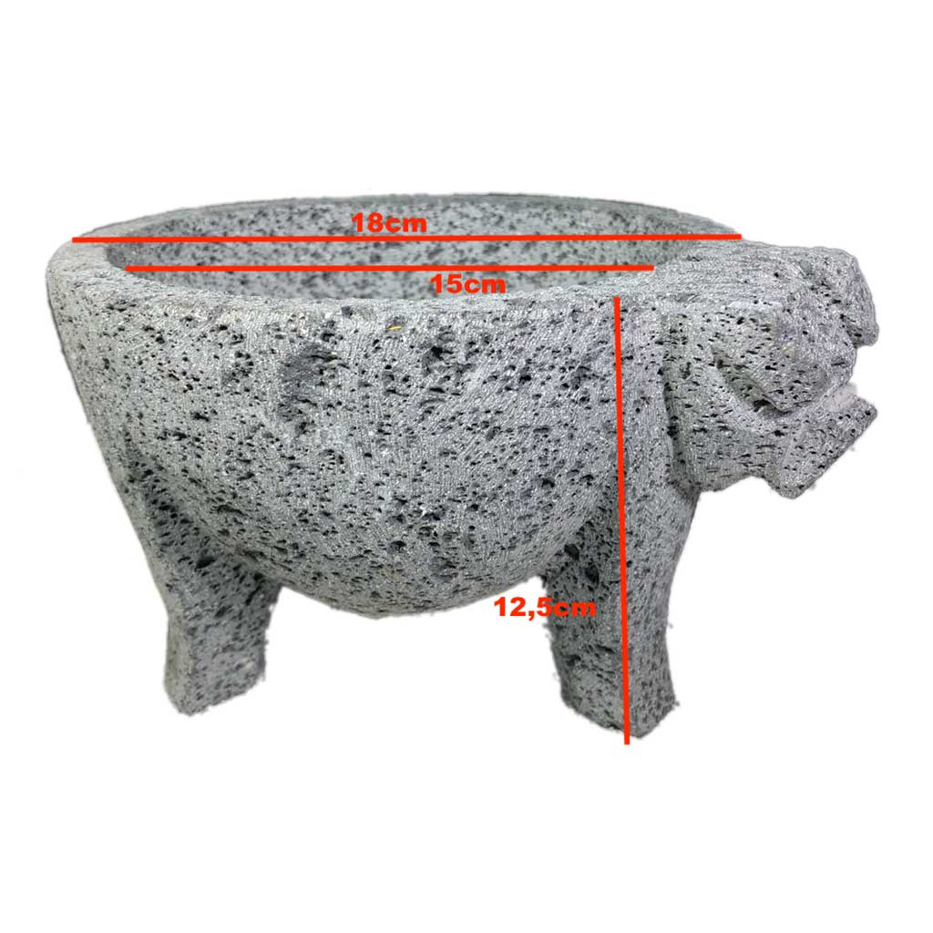 Molcajete (mortero) mexicano de 18cm de diámetro tallado a mano con piedra volcánica (basalto) - Tienda Mexicana Online - Huastekoo.es - Medidas