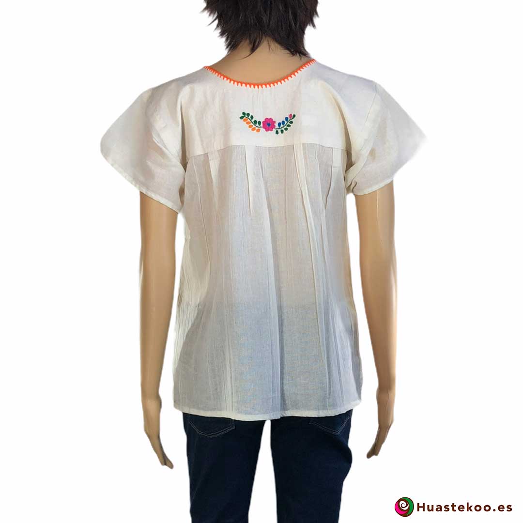 Blusa mexicana bordada a mano blanca con flores multicolor - Tienda online de regalos mexicanos Huastekoo España - H00124 -2