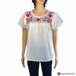 Blusa mexicana bordada a mano blanca con flores multicolor - Tienda online de regalos mexicanos Huastekoo España - H00124