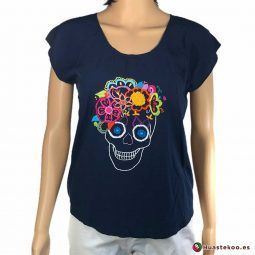 Comprar Blusa Mexicana Calavera y Flores Bordada a Mano H00219 - Tienda de Ropa Mexicana Huastekoo España