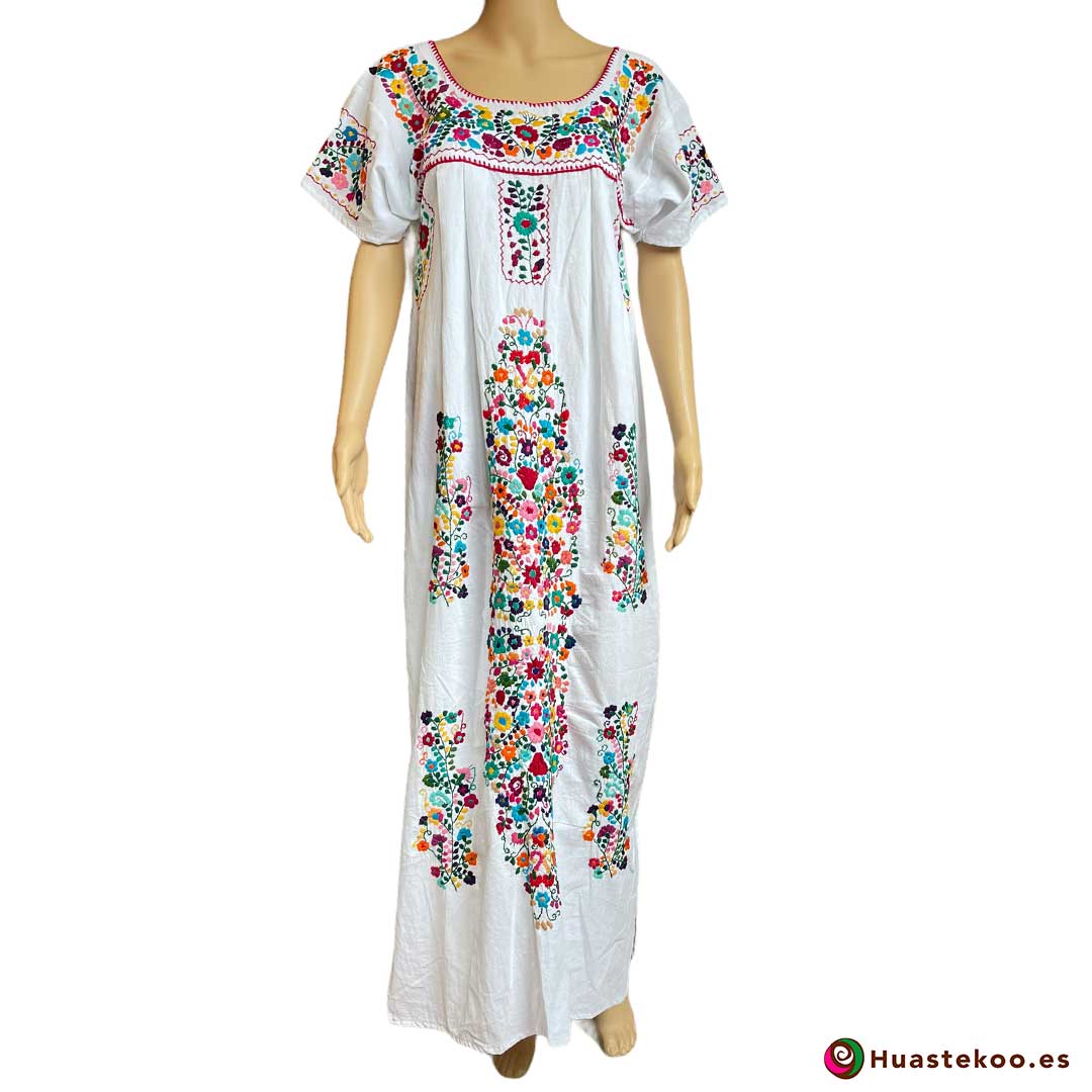 Precioso Vestido Mexicano Tehuacán largo bordado a mano H00788 a la venta en la tienda de ropa mexicana online Huastekoo España